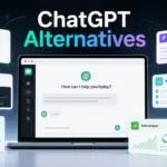 Featured image for ChatGPT Alternatives showing a laptop with AI assistant cards for search, coding, research, productivity, writing, tutoring, and data analysis.