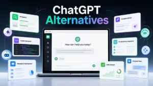 Featured image for ChatGPT Alternatives showing a laptop with AI assistant cards for search, coding, research, productivity, writing, tutoring, and data analysis.