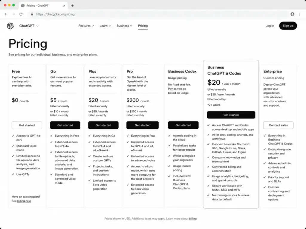 ChatGPT Business pricing page showing the Business ChatGPT & Codex plan at $20 per user per month billed annually and $25 billed monthly.