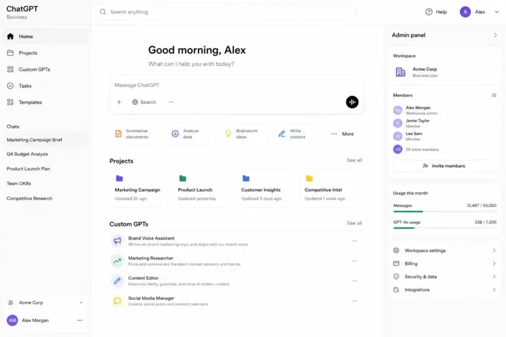 ChatGPT Business workspace mockup showing projects, custom GPTs, admin controls, and team management.