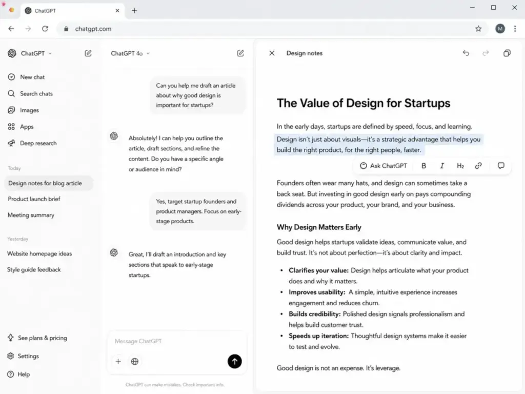 ChatGPT Canvas mode showing side-by-side chat and document editing interface.