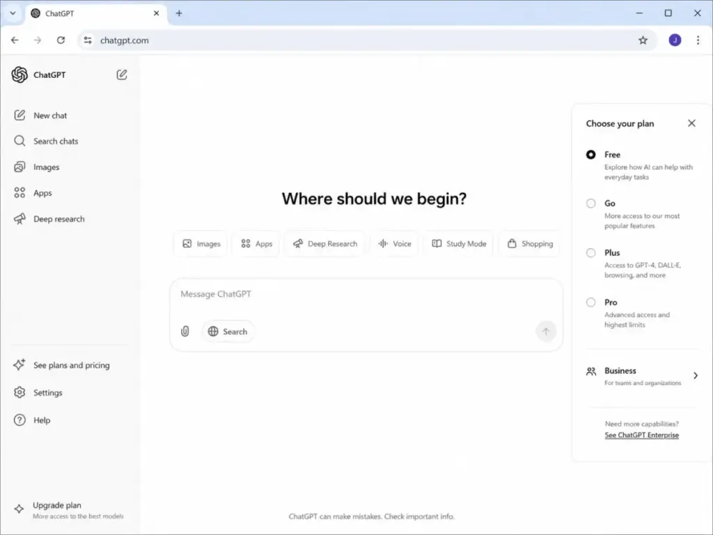ChatGPT homepage mockup showing feature categories, message box, sidebar navigation, and plan selector.