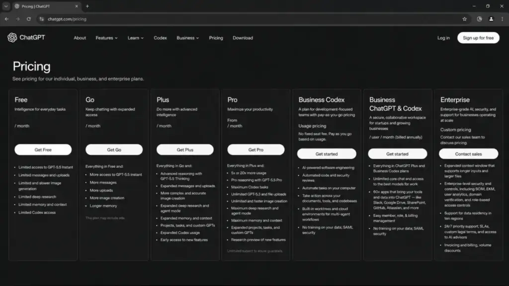 ChatGPT pricing page showing Free, Go, Plus, Pro, Business, and Enterprise plan tiers in a dark interface.