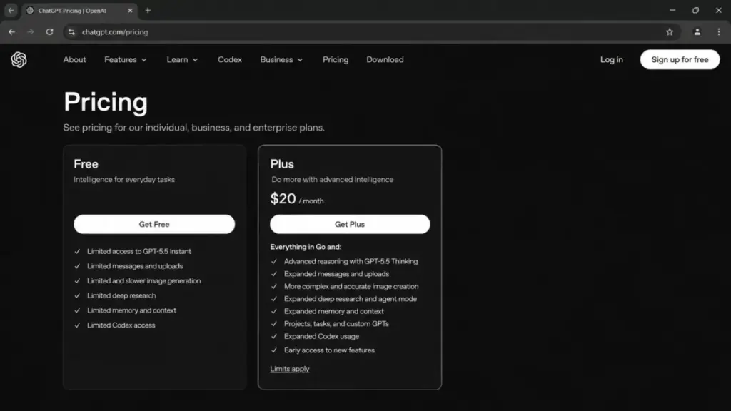 Screenshot-style mockup of the ChatGPT pricing page showing Free plan limits and the Plus plan at $20 per month.