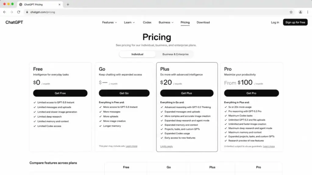 ChatGPT pricing page mockup showing Free, Plus at $20/month, and Pro plan options in 2026.
