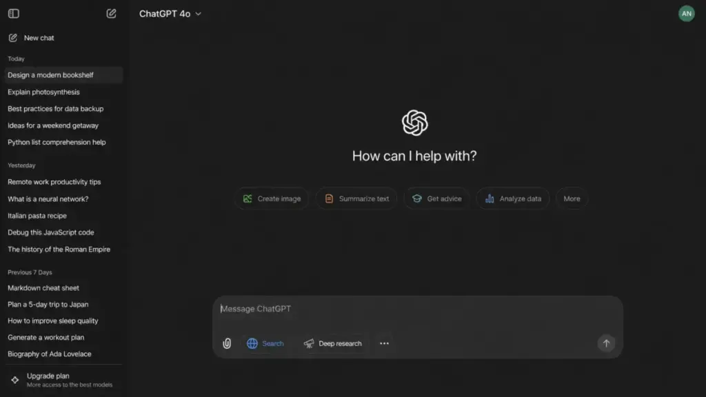 ChatGPT interface showing Search and Deep Research tools in the message composer