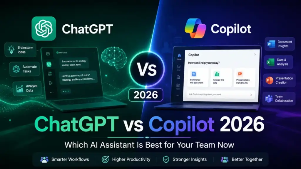 ChatGPT vs Copilot 2026 comparison featured image for teams choosing the best AI assistant.