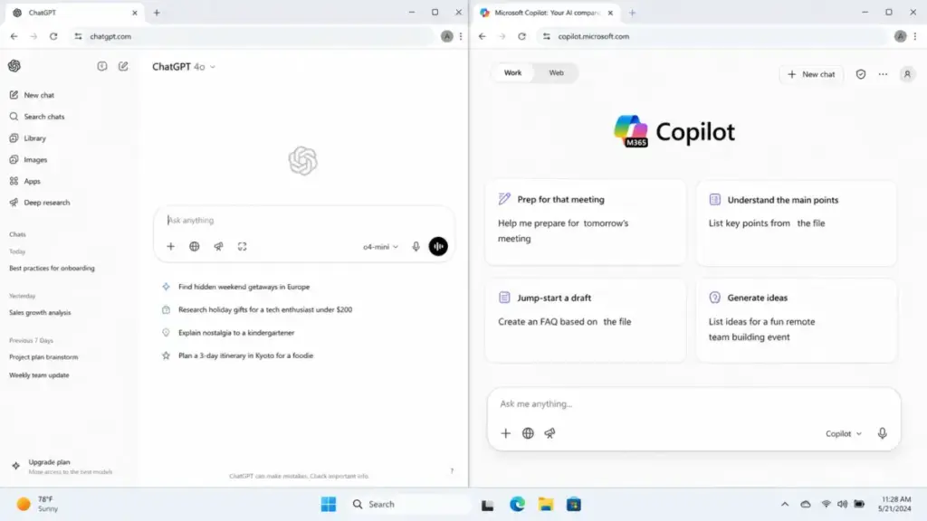 Side-by-side comparison of ChatGPT and Microsoft Copilot home pages showing ChatGPT’s minimal chat interface and Copilot’s guided assistant cards.