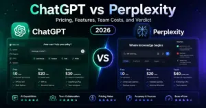 ChatGPT vs Perplexity 2026 comparison showing pricing, features, team costs, and final verdict.