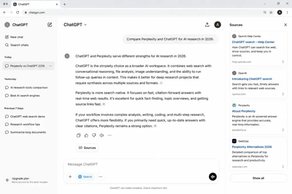 Screenshot-style mockup of the ChatGPT web interface showing a conversation about Perplexity and ChatGPT with web search citations and a Sources panel.