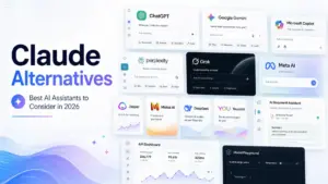 Claude Alternatives featured image showing ChatGPT, Google Gemini, Microsoft Copilot, Perplexity, Grok, Meta AI, Jasper, Mistral AI, DeepSeek, and You.com as AI assistant options for 2026.