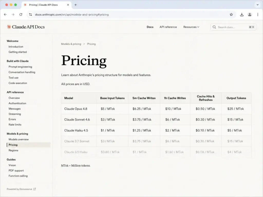 Claude API pricing page showing Opus, Sonnet, and Haiku per-million-token rates.