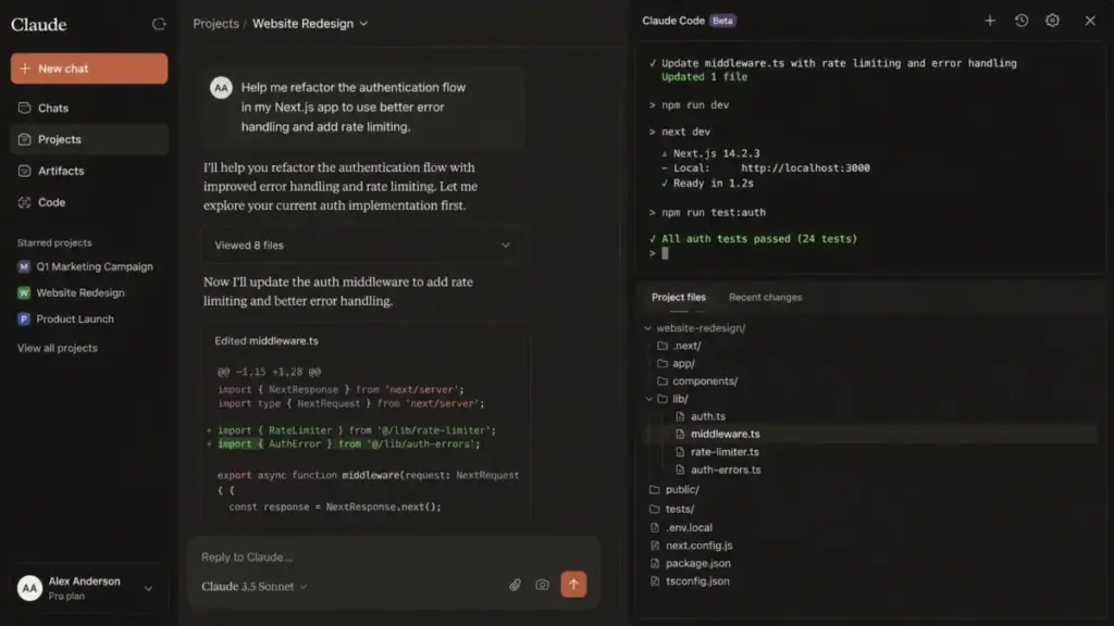 Screenshot-style mockup of the Claude.ai interface showing Claude Code terminal output and a project directory structure.