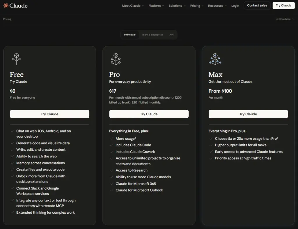 Claude pricing page showing Free, Pro, and Max plans in 2026