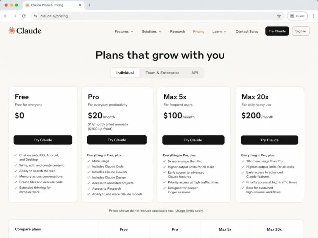 Claude pricing page screenshot mockup showing Free, Pro, Max 5x, and Max 20x plans with monthly prices and feature breakdowns.