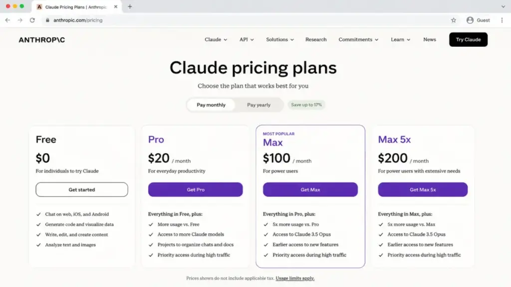 Claude pricing page mockup showing Free, Pro at $20/month, and Max tiers at $100 and $200 per month.