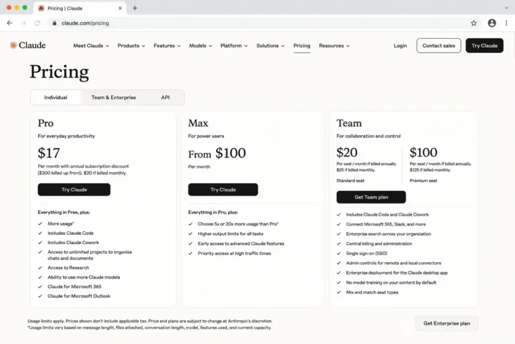 Claude pricing page showing Pro, Max, and Team plan tiers with monthly pricing and feature lists.