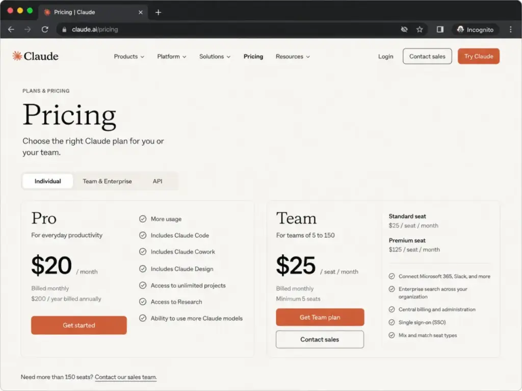 Claude pricing page showing Pro plan at $20 per month and Team plan at $25 per seat per month.
