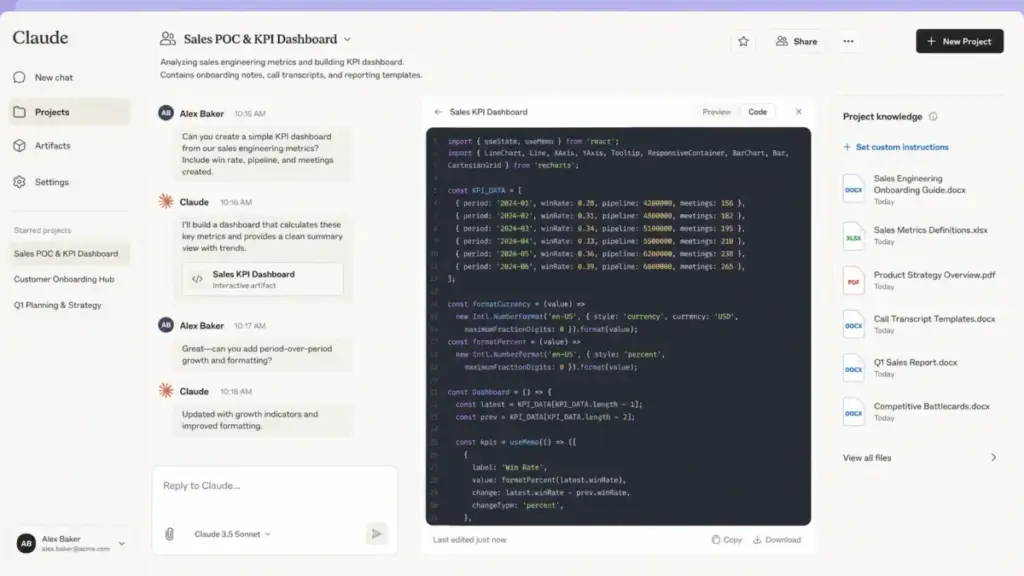 Claude Projects workspace showing code artifact and project knowledge panel