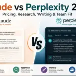 Claude vs Perplexity 2026 comparison image showing AI writing, research, pricing, and team fit features.