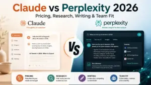 Claude vs Perplexity 2026 comparison image showing AI writing, research, pricing, and team fit features.