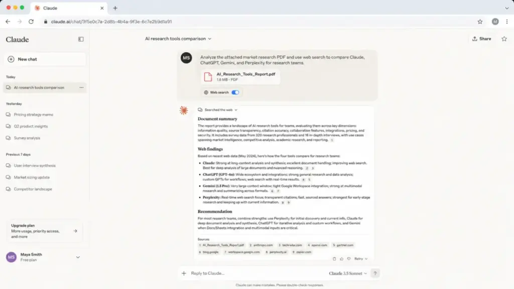 Screenshot-style mockup of the Claude web interface showing document analysis with an attached PDF, web search enabled, cited findings, and source links.