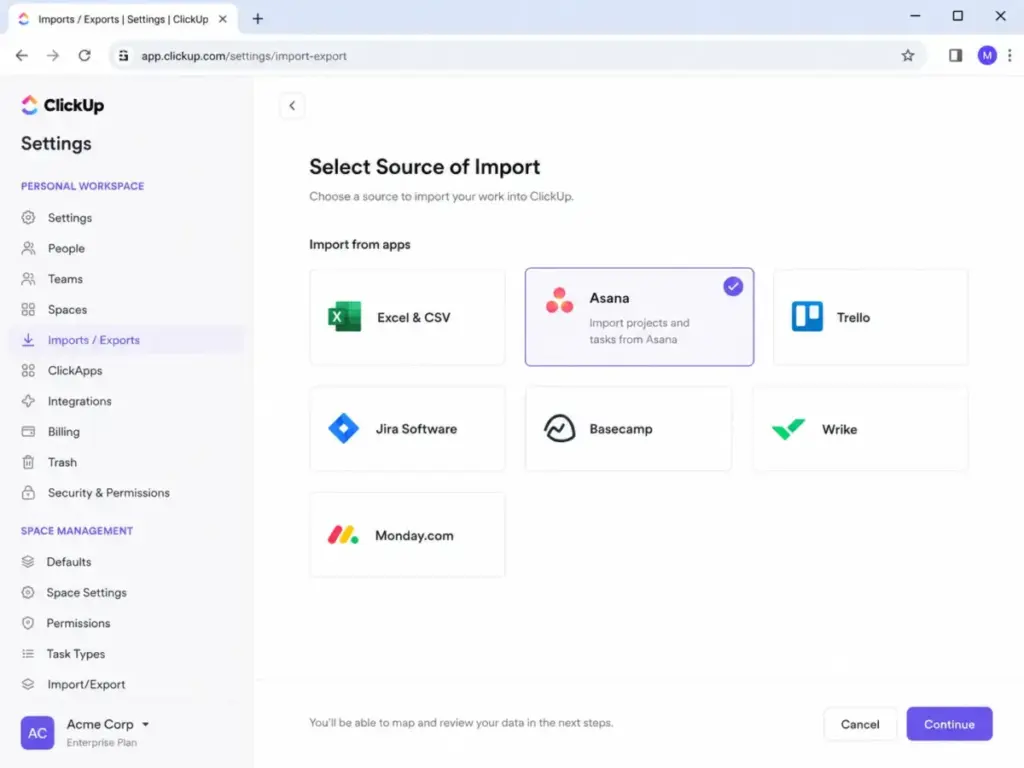 ClickUp import settings page showing the Asana importer option selected for migrating projects and tasks from Asana