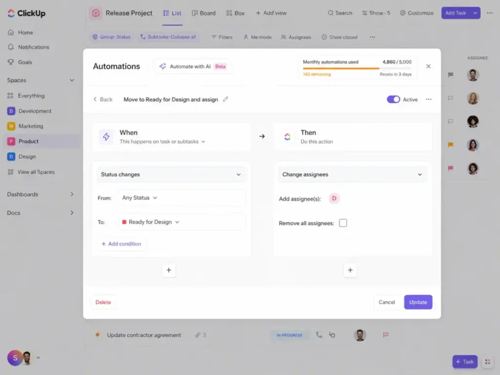 ClickUp automation builder showing monthly automation usage near plan limit