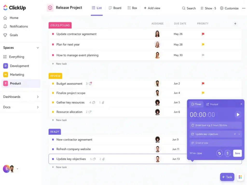 ClickUp list view showing task hierarchy, assignees, due dates, priorities, and built-in time tracking panel