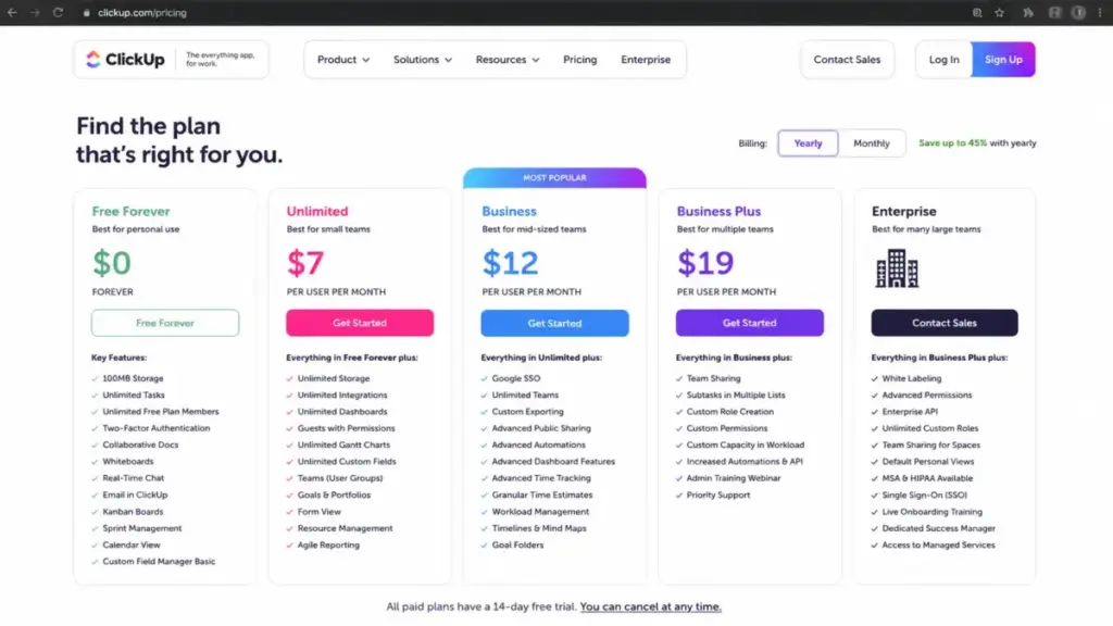 ClickUp pricing page showing Unlimited plan at $7/user/month billed yearly