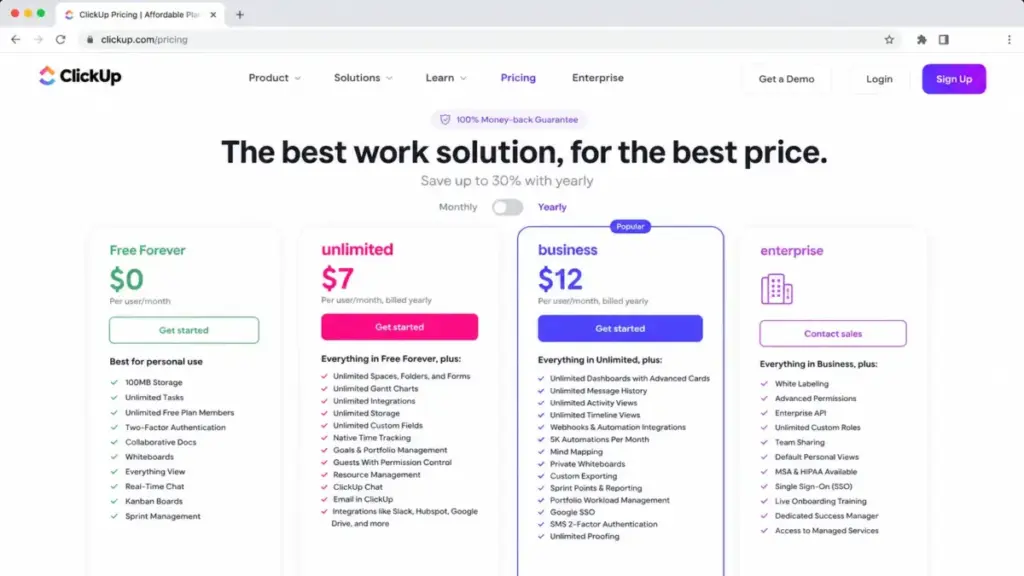 Screenshot-style mockup of ClickUp pricing page showing Unlimited at $7/user/month and Business at $12/user/month billed yearly