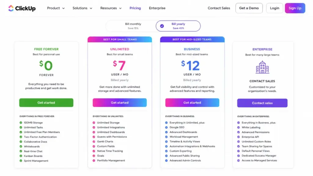 ClickUp pricing page showing the Unlimited plan at $7 and Business plan at $12 per user per month.