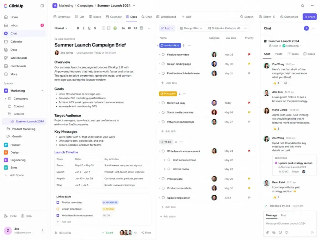 ClickUp workspace showing docs, task lists, project statuses, assignees, due dates, priorities, and team chat in one interface
