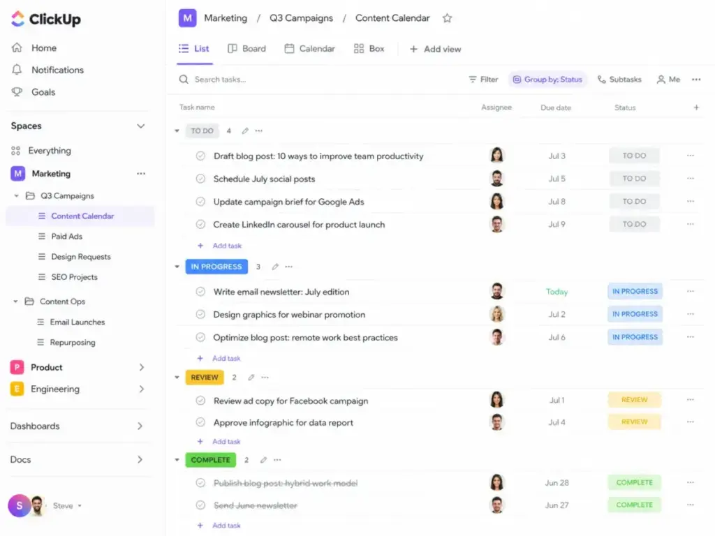 ClickUp workspace hierarchy showing Spaces, Folders, and Lists in a project management setup