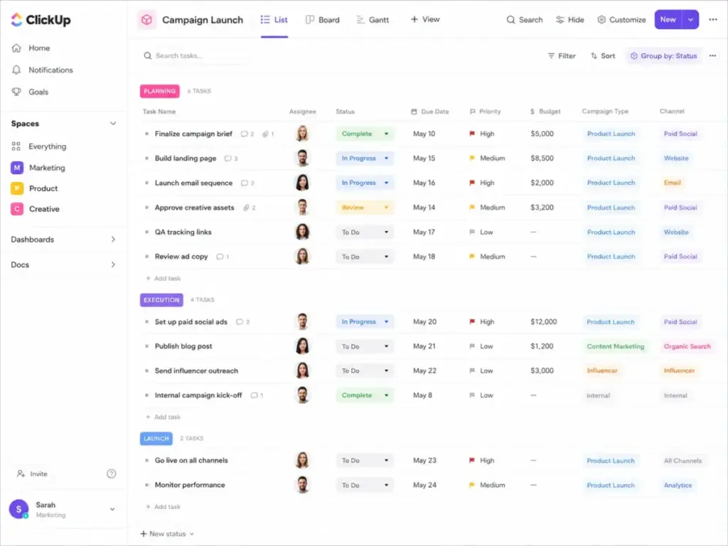 ClickUp Workspace showing list, board, and Gantt views with custom fields for campaign project management