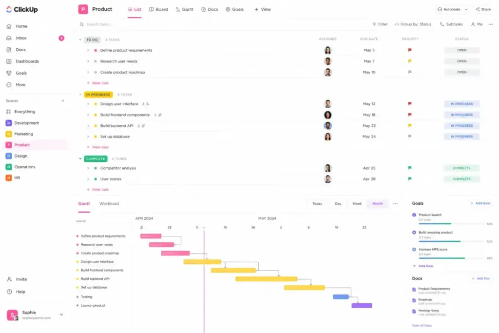 ClickUp workspace mockup showing tasks, docs, goals, and Gantt chart in one project management view.