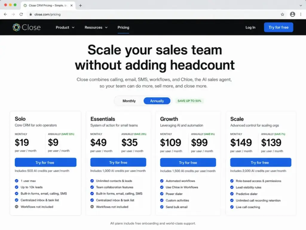 Close CRM pricing page showing Solo, Essentials, Growth, and Scale plans with monthly and annual pricing.