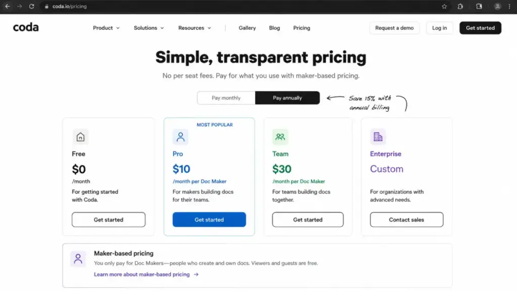 Coda pricing page showing Pro plan at $10/month per Doc Maker with maker-based billing
