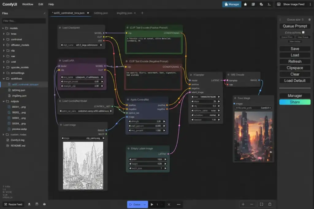 ComfyUI workflow interface displaying a Stable Diffusion 3.5 image generation pipeline with LoRA model loading, ControlNet conditioning, KSampler settings, and node-based workflow connections.