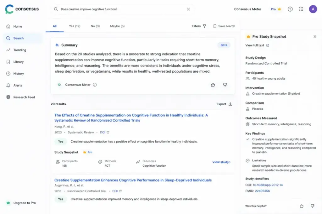 Consensus scientific search results showing Pro Study Snapshot and research summary