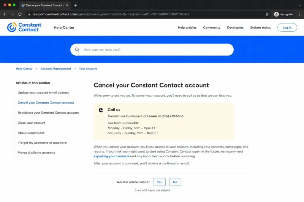 Constant Contact cancellation help page instructing users to call customer support