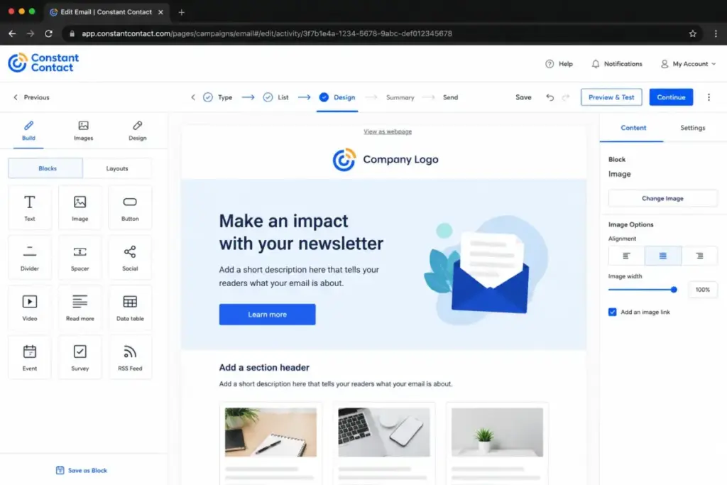 Constant Contact email editor showing template blocks, drag options, and email campaign preview