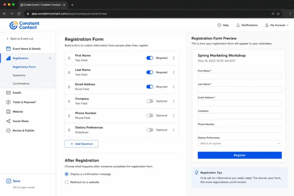 Constant Contact event registration form setup screen with preview and payment workflow