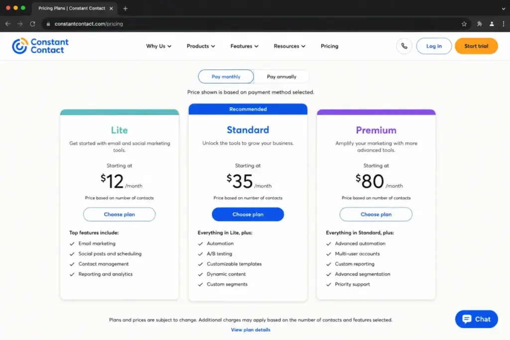 Constant Contact pricing page showing Lite, Standard, and Premium plan starting rates