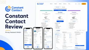 Constant Contact Review featured image showing pricing plans, email editor, event registration, and mobile analytics