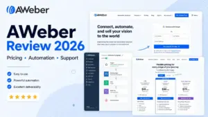 AWeber Review 2026 featured image showing pricing, automation, support, and email marketing interface mockups.