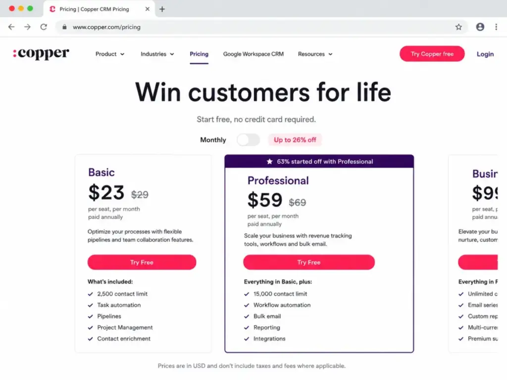 Copper CRM pricing page showing Basic and Professional contact limits
