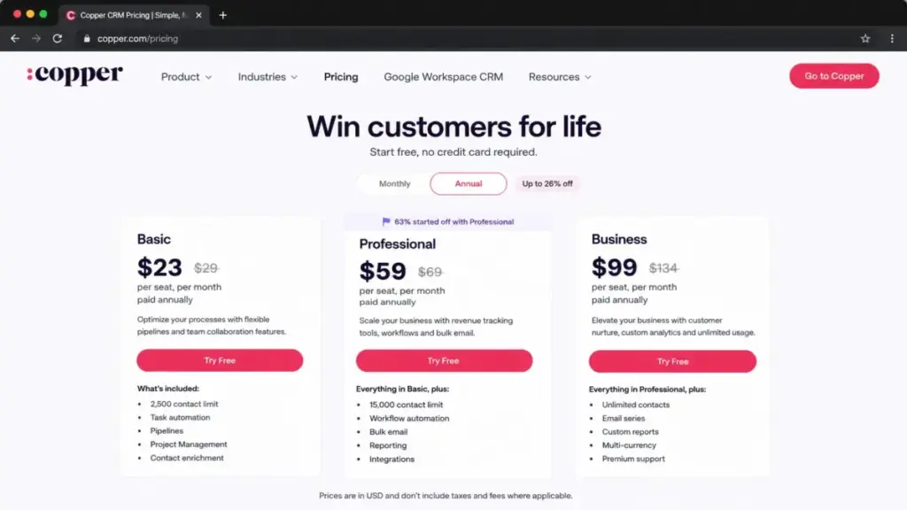 Copper CRM pricing page showing Basic, Professional, and Business plans with annual and monthly billing toggle