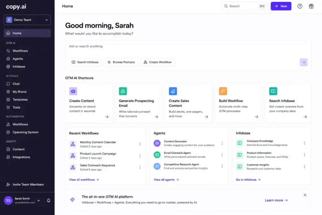 Copy.ai GTM platform dashboard mockup showing workflows, agents, and Infobase panels.