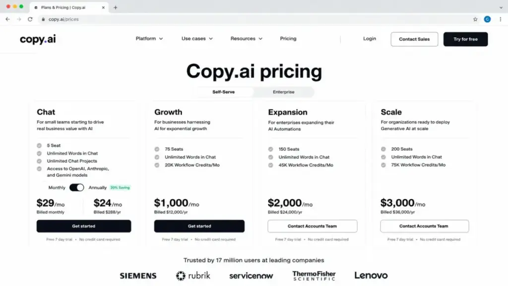 Copy.ai pricing page mockup showing annual billing notes for Growth, Expansion, and Scale plans